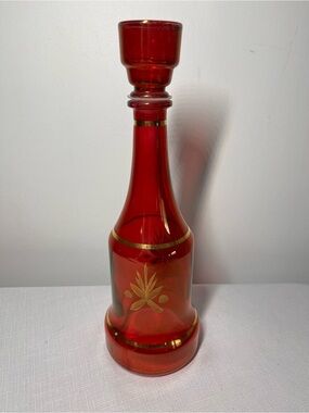 vintage red cranberry glass decanter gold wheat pattern and gold rim detailing